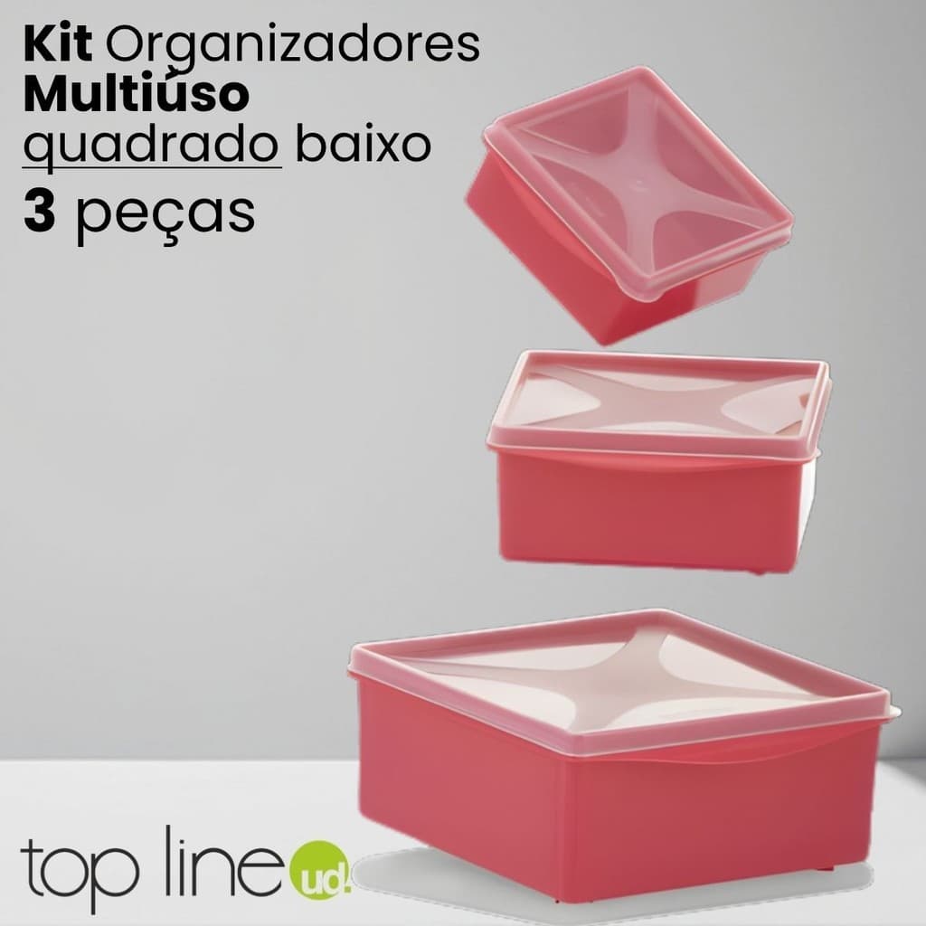 Kit 3 Organizadores Quadrado BPA Free Três tamanhos Pote de Plástico Multiuso para Cozinha Top Line