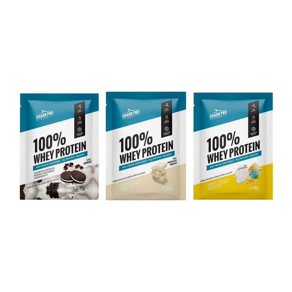 Mix 3 Sache 100% Whey Protein Chocolate Branco Cookies Leitinho 26g Proteina 40G Shark Pro
