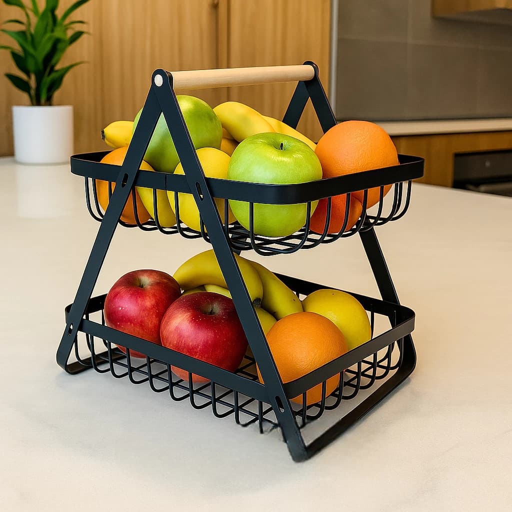Organizador Multiuso 2 Andares com Cestos e Alça de Madeira Cozinha Organizador Prateleira Frutas