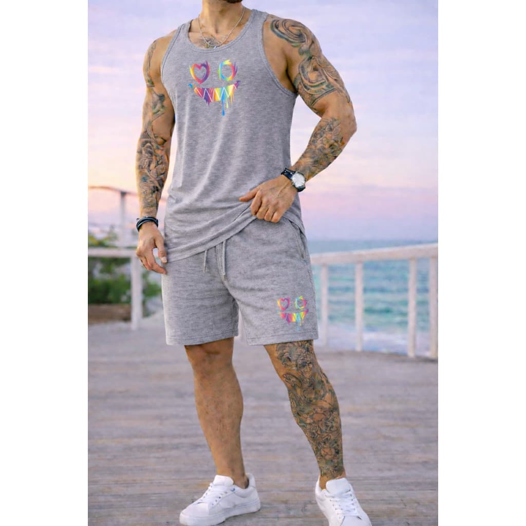 Kit Regata Longline e Short Moletom Sorriso Colorido Masculino Bermuda Street Wear Slim