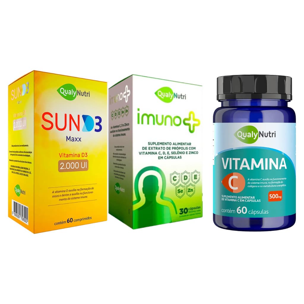 Kit Defesas Naturais QualyNutri Imuno + Vitamina C + Vitamina D3 Suporte Nutricional Original