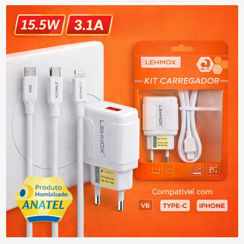 Carregador Turbo Rápido com Cabo V8 Micro USB Type-C Lightning para Android e iPhone