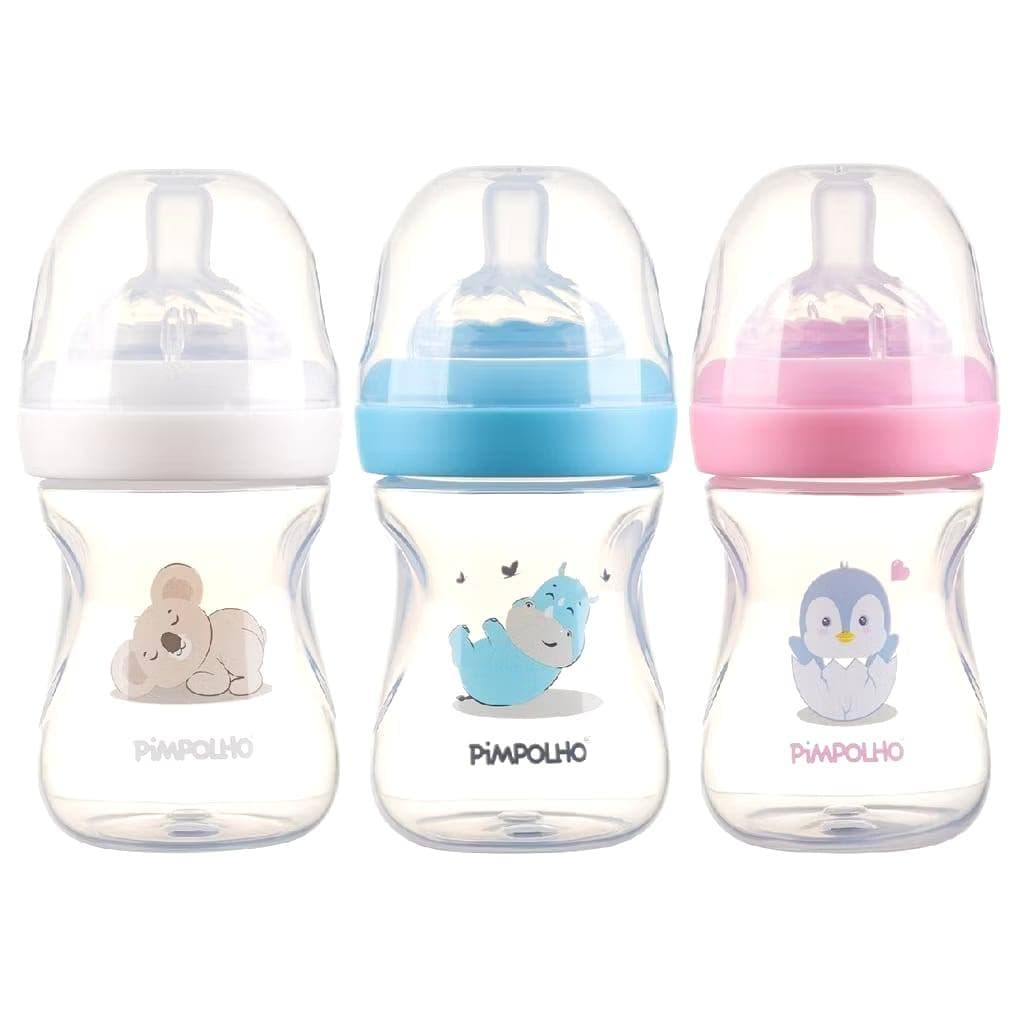 Mamadeira Bebê 0 a 2 Meses 150ml Bico Silicone Fluxo 1 Anti Refluxo Pimpolho Serena Rosa Branca Azul