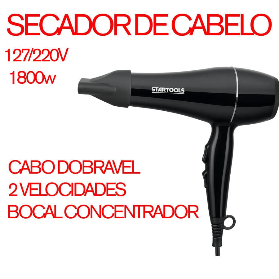 Secador De Cabelo Profissional 1800W Cabo Dobravel 2 Niveis De Temperatura E Velocidade Startools