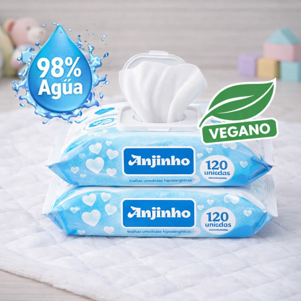 Kit 5 Pacotes Toalhas Umedecidas Anjinho - 120 Folhas com tampa - 98% Água