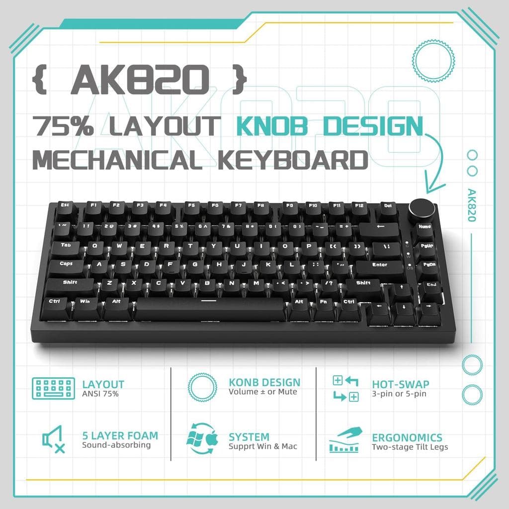 Teclado Mecânico AK820 Com Fio 75 % , Para Jogos Montado Em Junta Hot-Swappable Interruptores HP Semelhantes , Layout De
