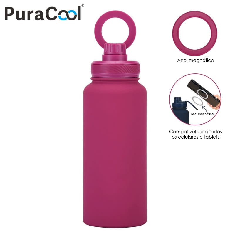 PuraCool Garrafa Térmica 1000ml Inox 304 com Suporte Magnético Celular Dupla Parede Mantém Gelado 24H