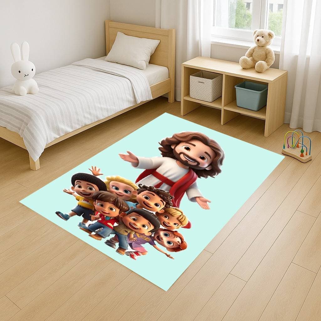 Tapete Retangular 100x140 Antiderrapante Jesus Baby Religioso Familia Infantil Desenho Decoração Quarto Sala