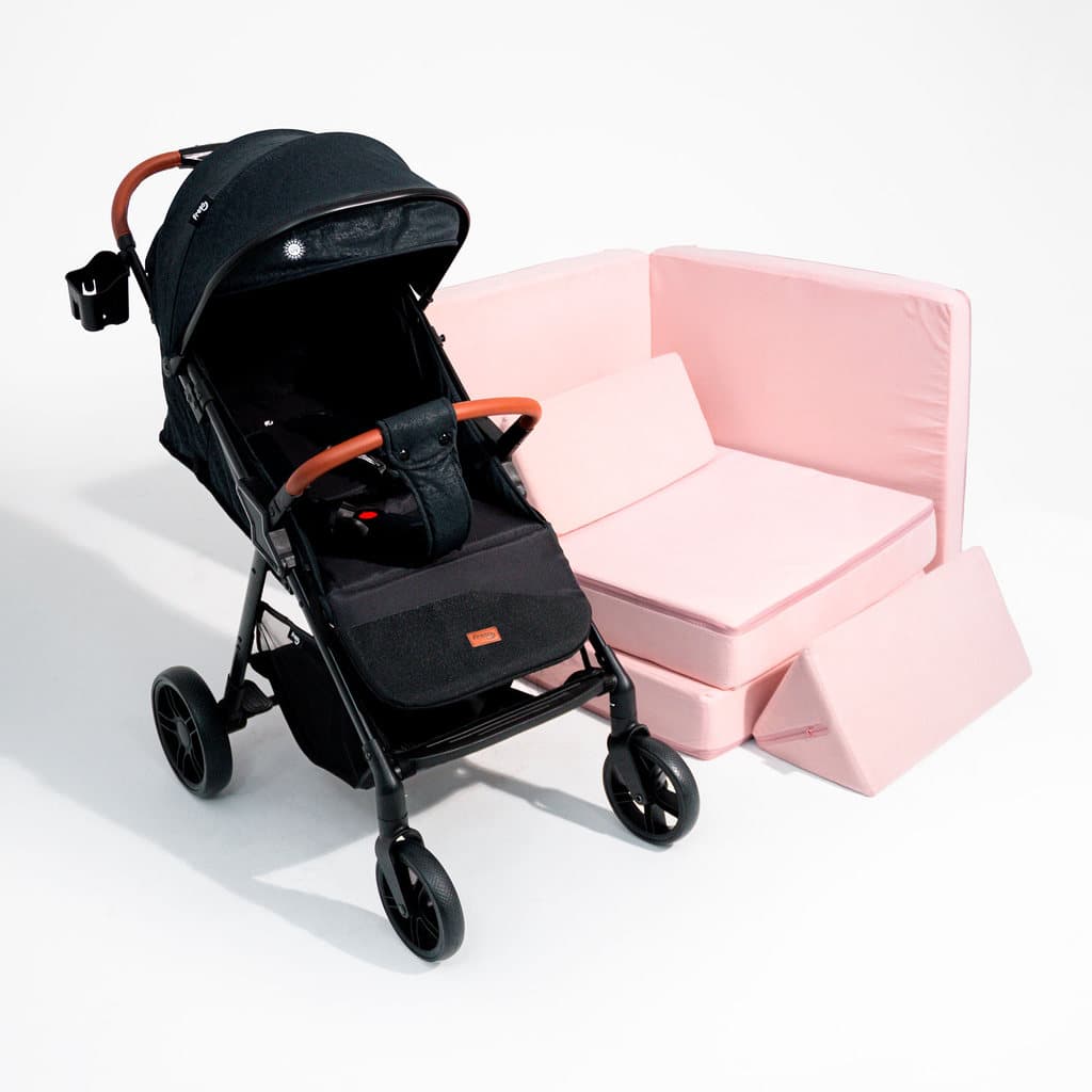 Kit Bebê Carrinho Dobrável Freso e Sofá Soft Play Modular Rosa