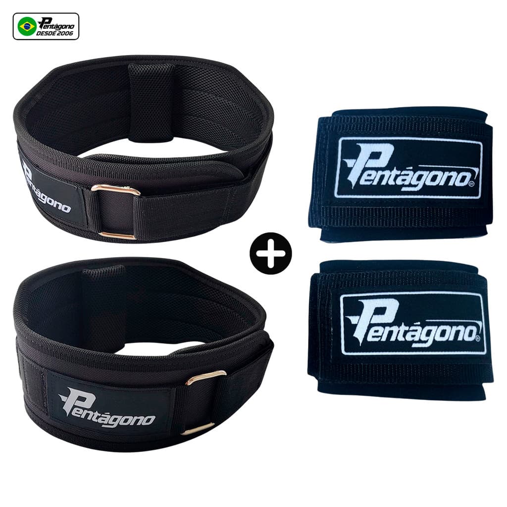 Kit Cinturão Musculação Tiger Ajustável + Par De Munhequeiras Pentágono – Academia, Agachamento e Treino