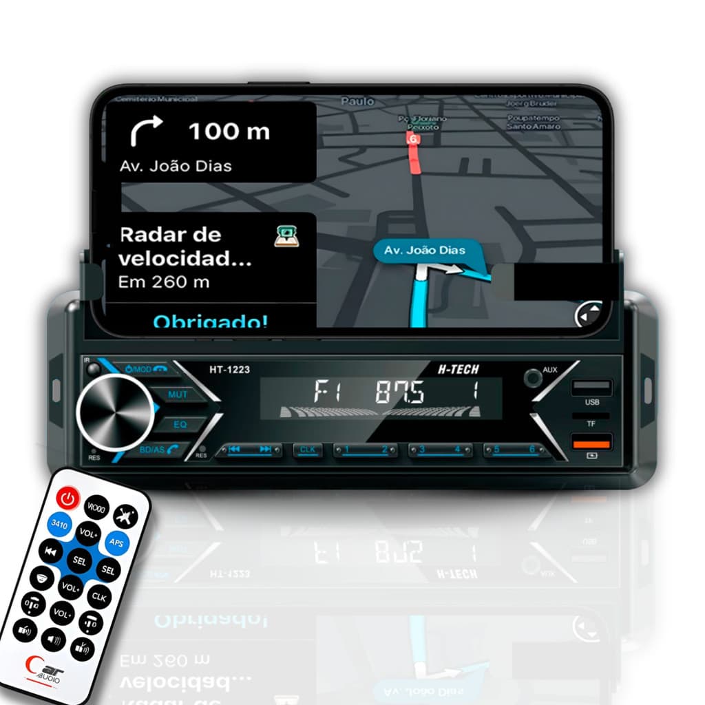 Auto Rádio Som Bluetooth MP3 Automotivo Carro 2 Usb Sd Card Fm 4x45w Rca H Tech Com Suporte para Celular e com Controle