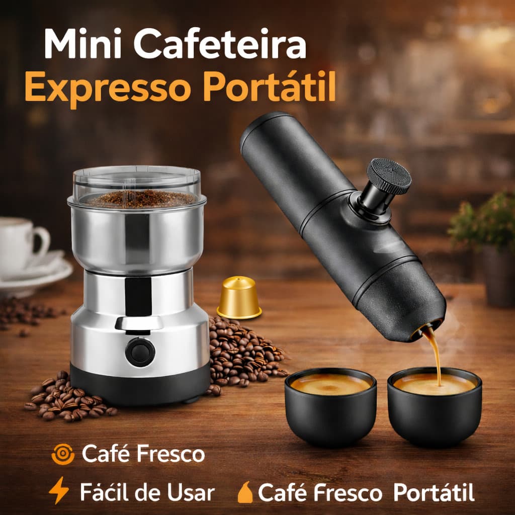 Moedor de Café Elétrico Portátil + Mini Cafeteira Expresso Manual Compatível Cápsulas