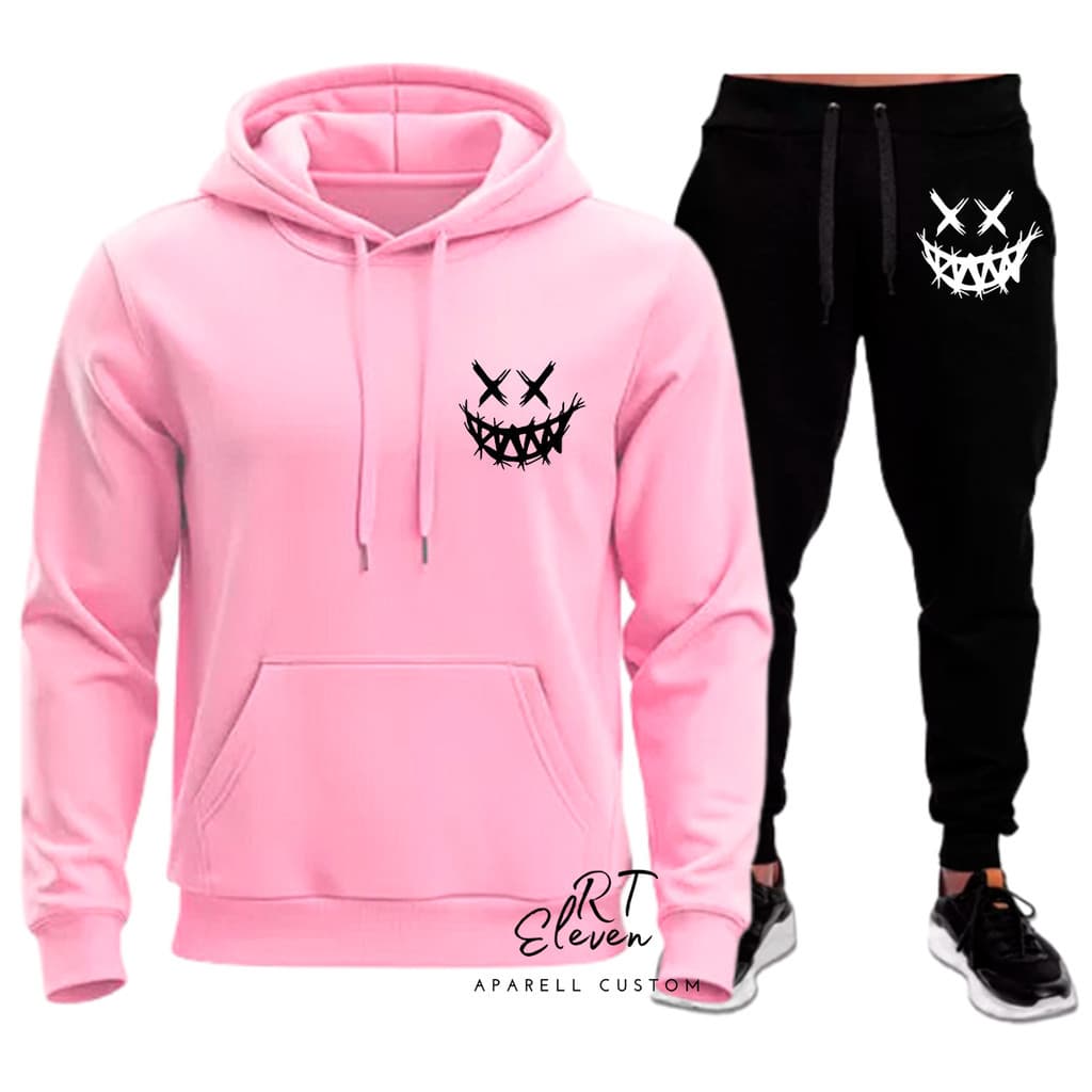 kit Conjunto Moletom Com Capuz Smiley Evil Estampa Blusa De Frio Calça premium moletom canguru bolso