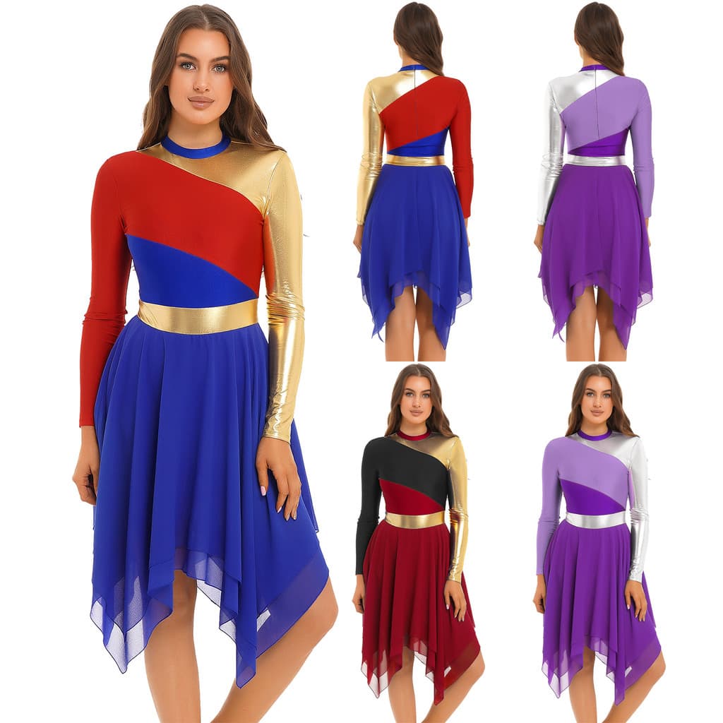 inhzoy Vestido Feminino Colorido Bloco Patchwork Collant Manga Comprida Bainha Irregular Vestidos Dancewear Para Perform