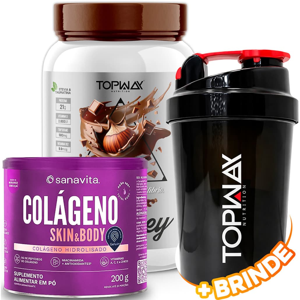 TopWay Whey Protein 100% 900g Sabor Chocolate Com Avela + Colágeno Hidrolisado Skin & Body 200g