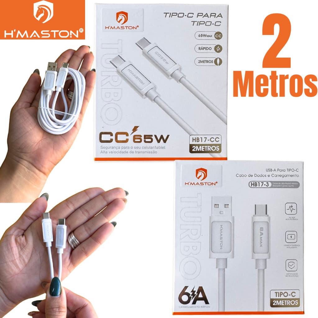Cabo 2 Metros Tipo-C Ultra Rápido 65W/6A Resistente Tipo-C Dois Lados Todos Modelos H'maston