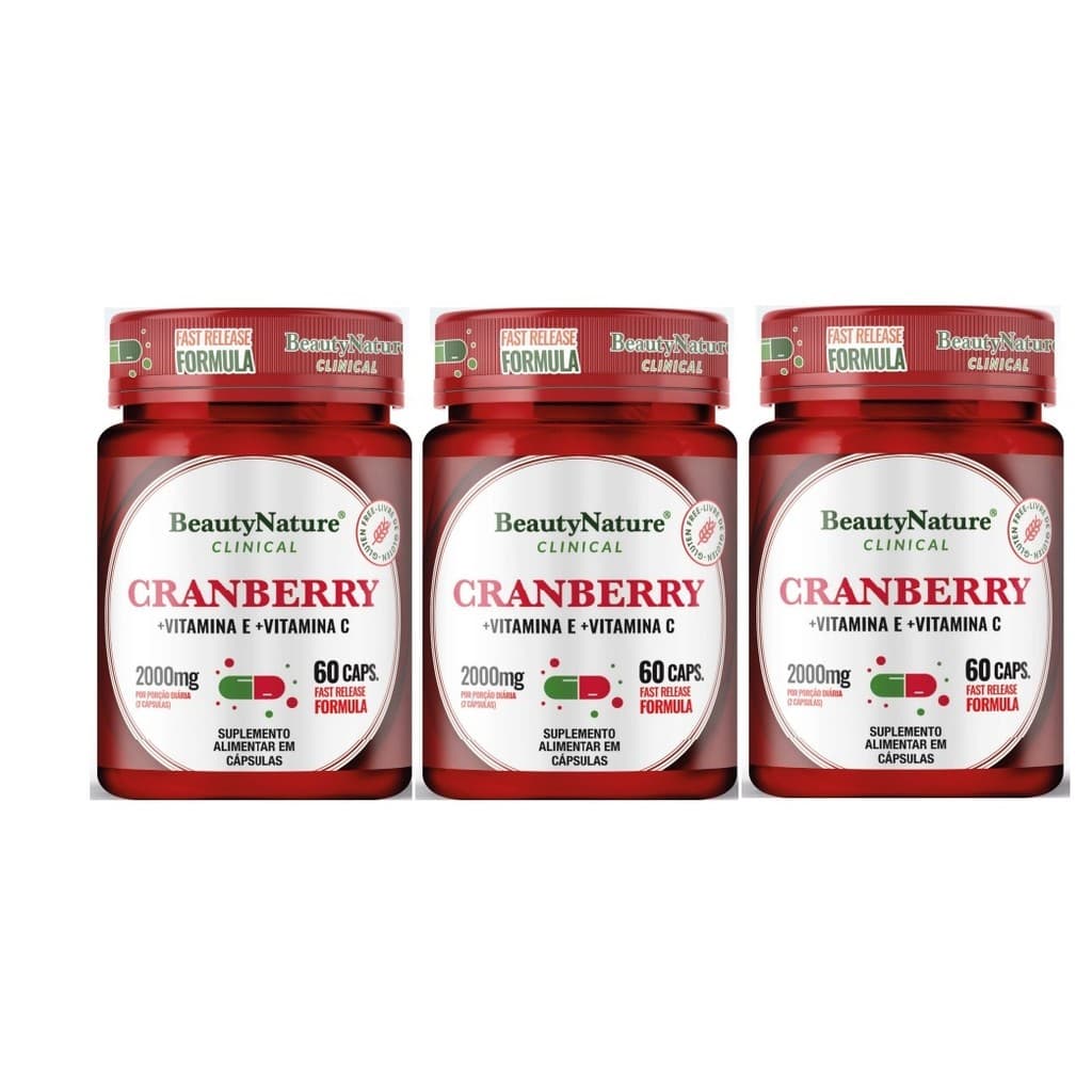 Kit 3 Cranberry + Vitamina E + Vitamina C 2000Mg 60 Caps Beauty Nature
