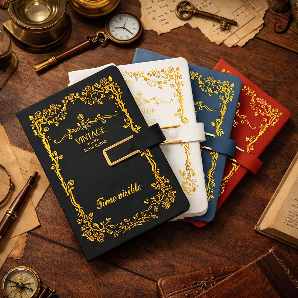 Caderno vintage A5, 192 páginas, fecho magnético, diário elegante, clássico e luxuoso.
