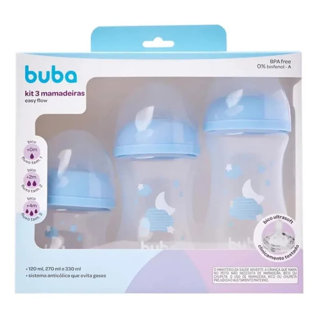 Buba Kit 3 Mamadeiras Anticólicas Easy Flow Nuvem Azul 120ml, 270ml e 330ml 