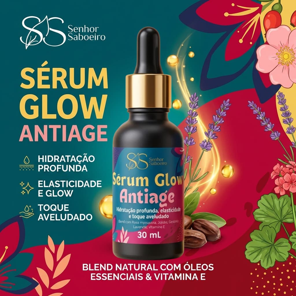 Sérum Anti-idade Rosa Mosqueta Rubiginosa, Jojoba, Vitamina E, Hidratação, Elasticidade, OE Lavanda + Gerânio 30mL