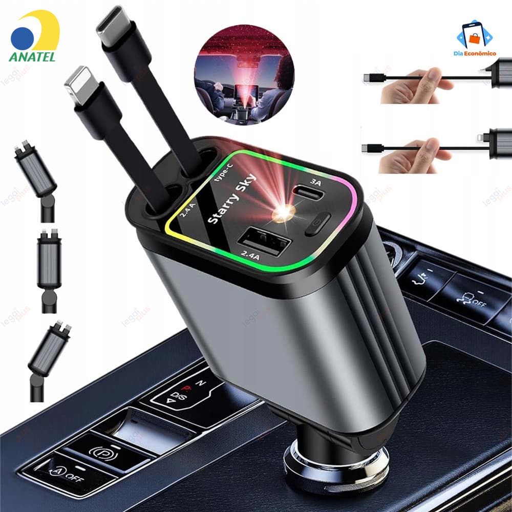 Carregador Retrátil para Carro 4 em 1 com Luz LED 180° Ajustável e Cabo Flexível para iPhone Android