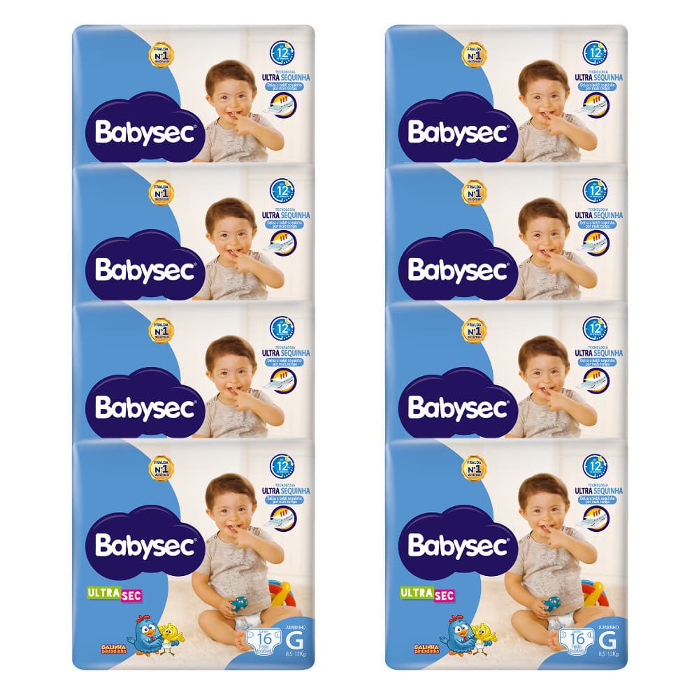 Pack 8x Fralda Babysec UltraSec Jumbinho G Galinha Pintadinha 16unidades cada-  Barreiras antivazamento