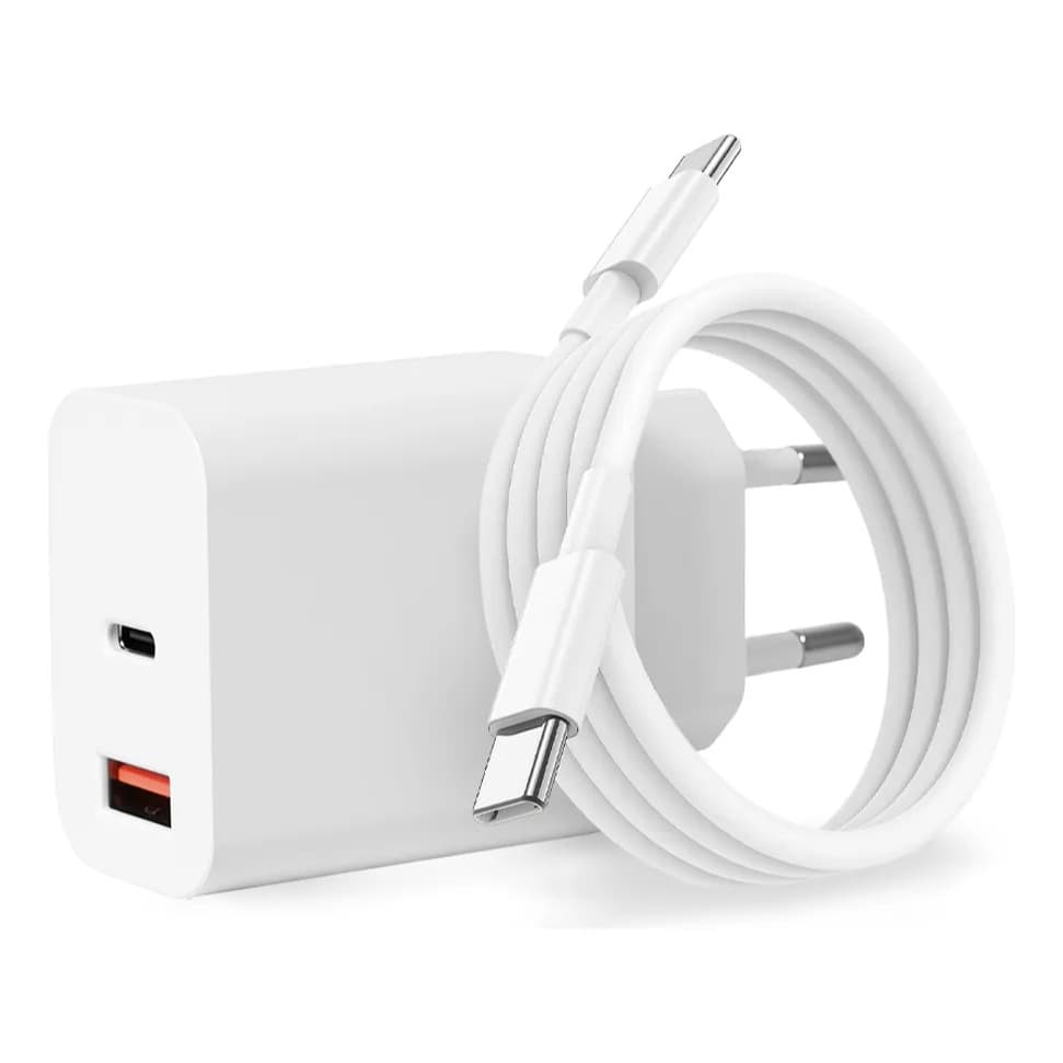 Carregador Rápido 20W PD+QC3.0 2 Portas (USB-C+A) - Compacto, Portátil, Seguro (CE/UL), para Celular/Tablet (Com Cabo)