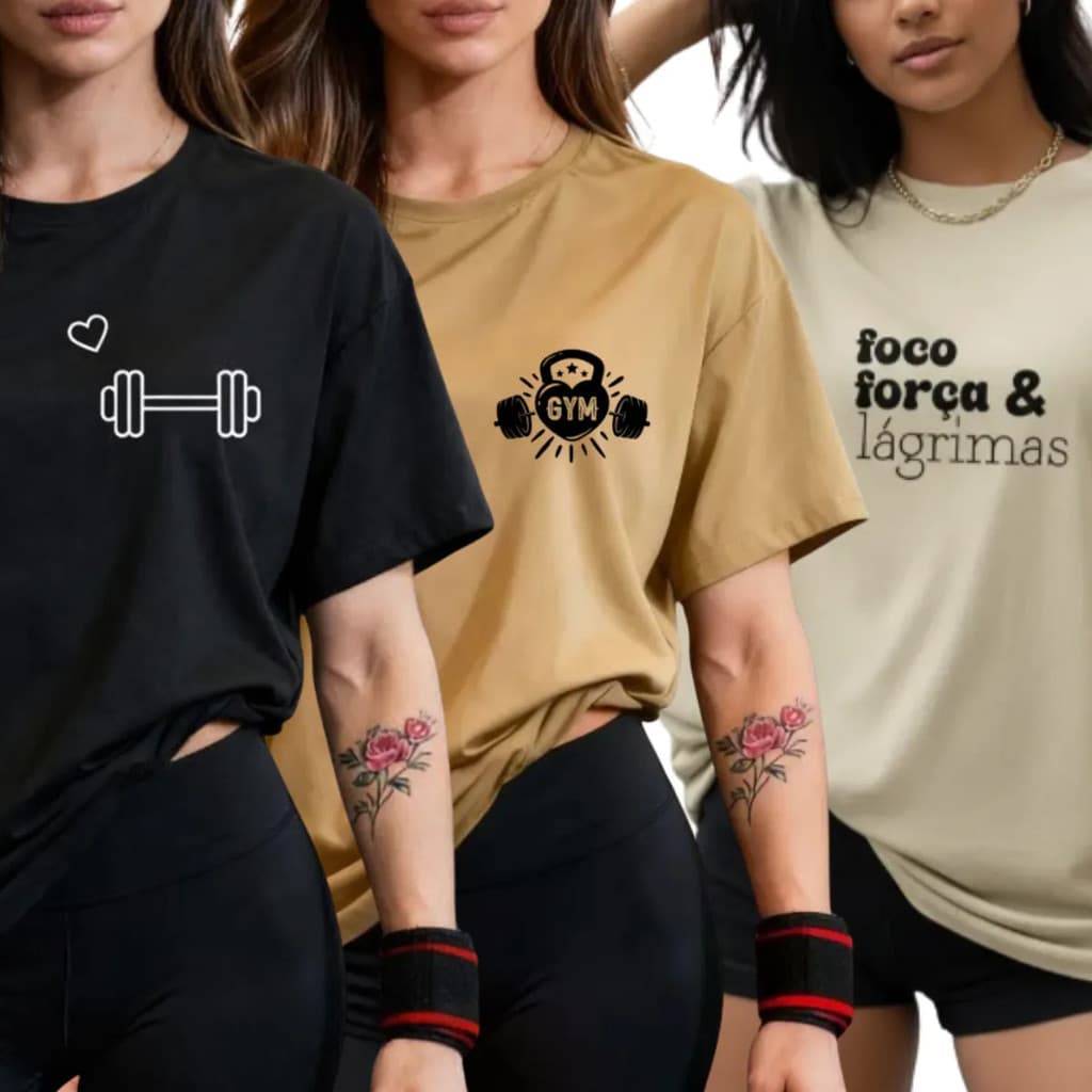 Kit 3 Camisetas Feminina Academia Treino Estampada Halter Blusa T Shirt Musculação Halter Peso