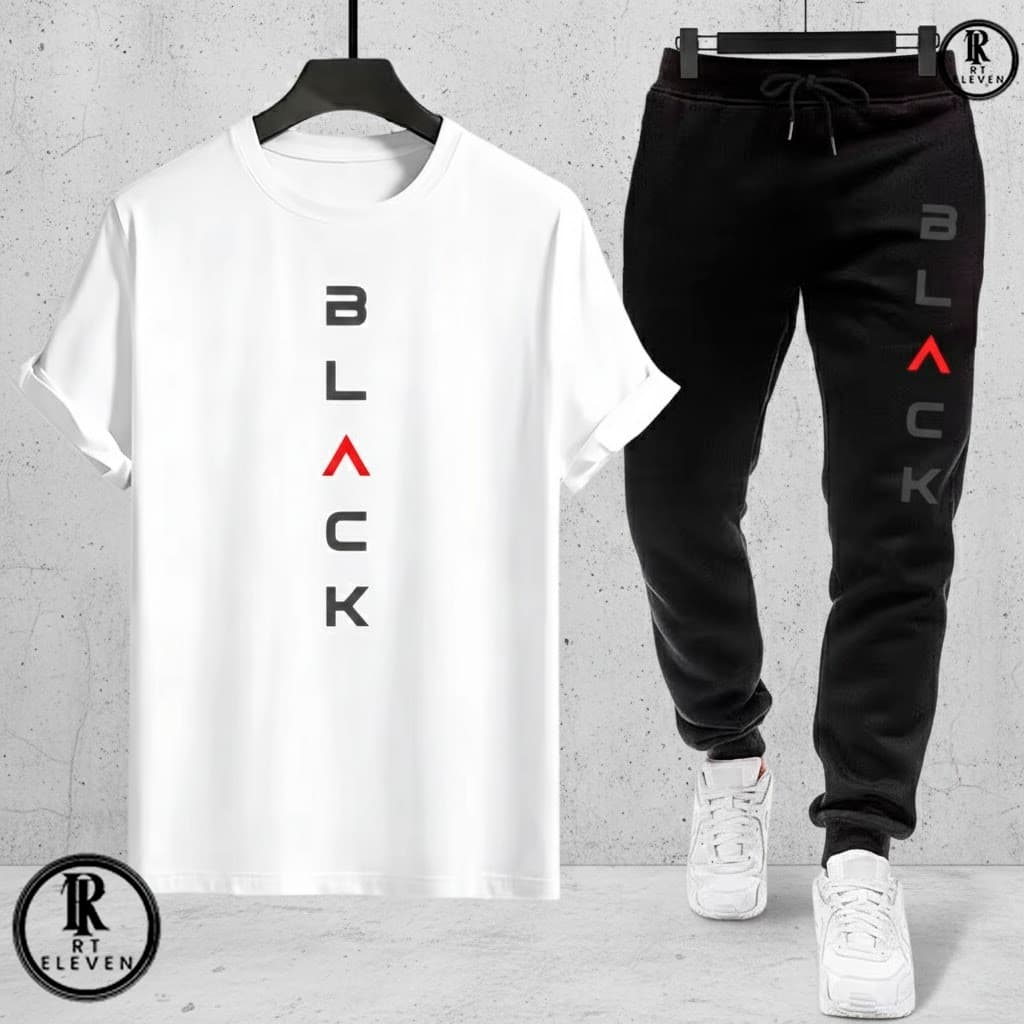 Kit Conjunto Camiseta e Calça moletom Moda masculina camiseta casual Black Malha Algodão + calça Moletom Com bolso CS01
