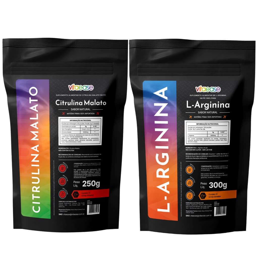Combo Citrulina Malato 250g + Arginina 300g | Pré-Treino em Pó | Suplemento Alimentar | Uso Adulto