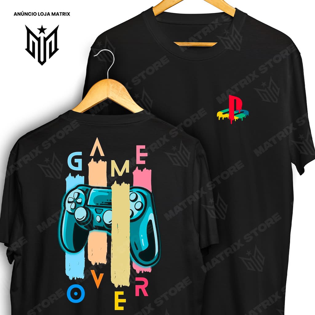 Camiseta Frente e Verso Game Over Video Game Ps1 Controle Camisa de Games 100% Algodão