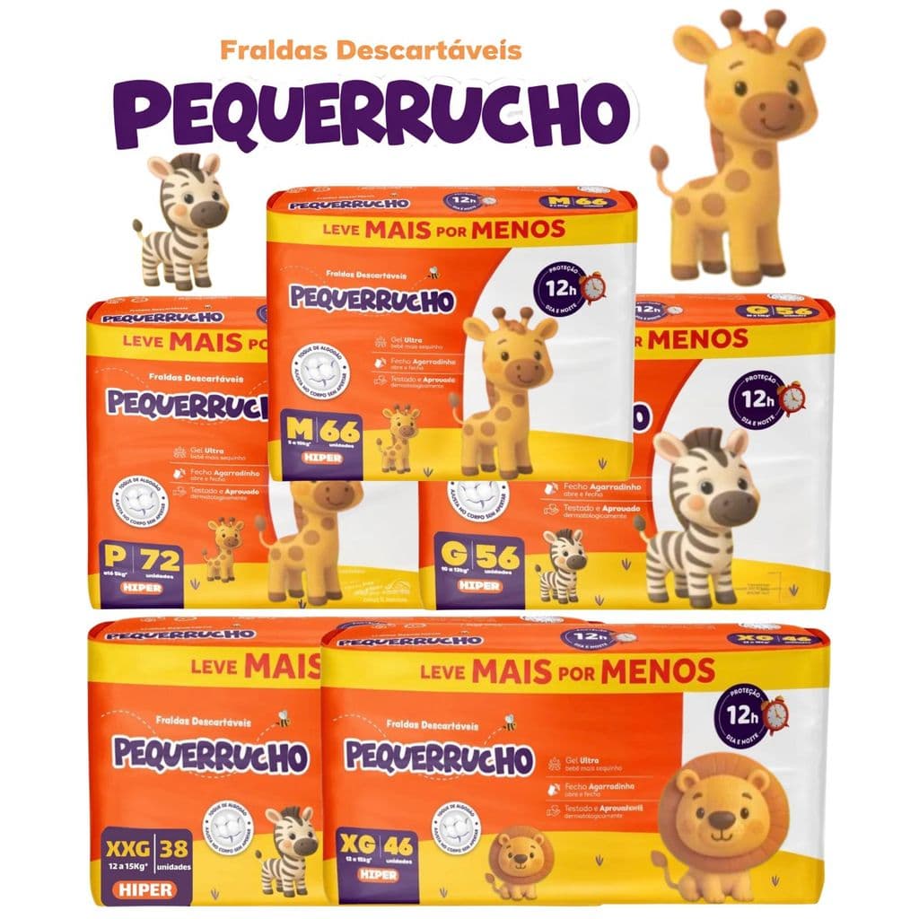 Fralda Descartável Infantil Pequerrucho Hiper 12h – Tamanhos P M G XG XXG
