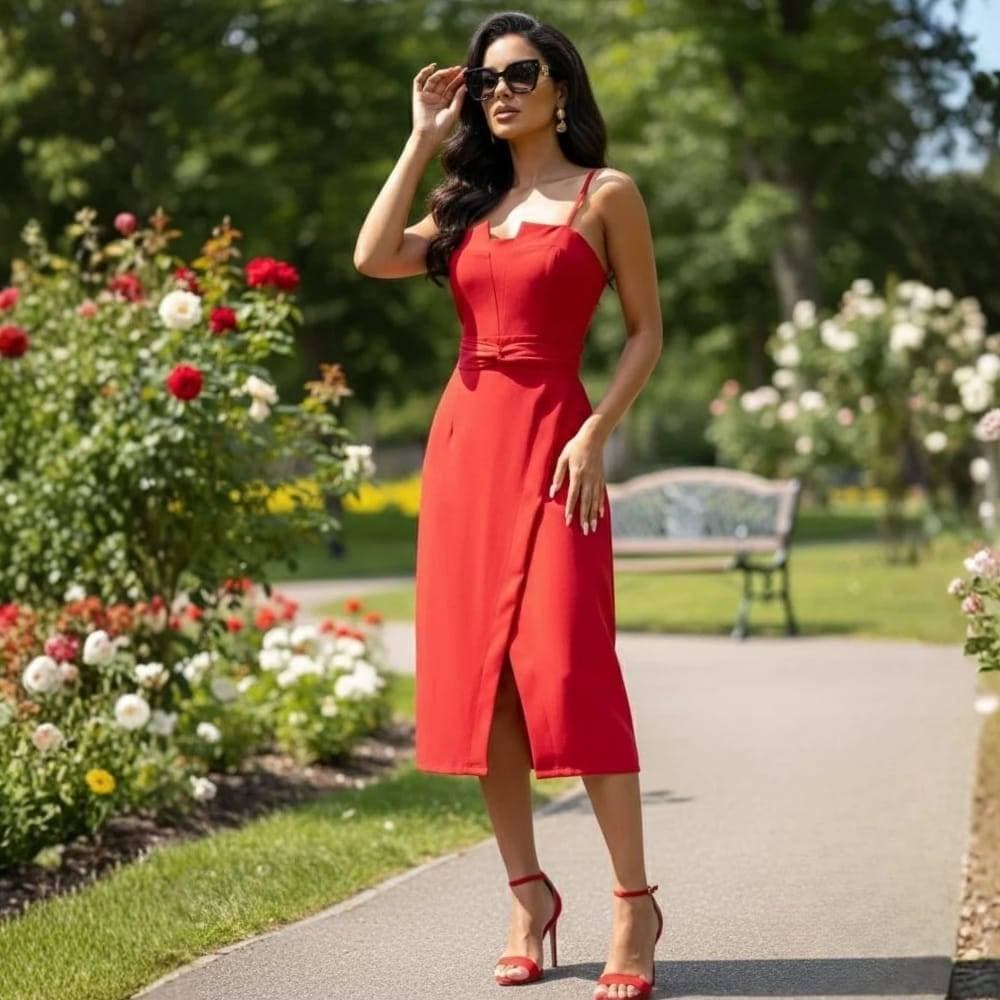 Vestido Midi Alfaiataria Elegante com Fenda e faixa na cintura P ao GG –Vestido para Casamento Civil, Formatura Ref 2599