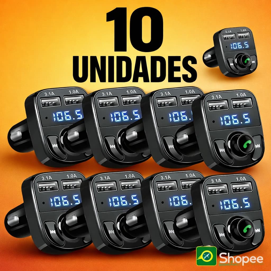 Kit 10 Adaptador Bluetooth Transmissor FM Carregador Veicular Com Entrada Para Pen Drive Compatível com Android e IOS x8