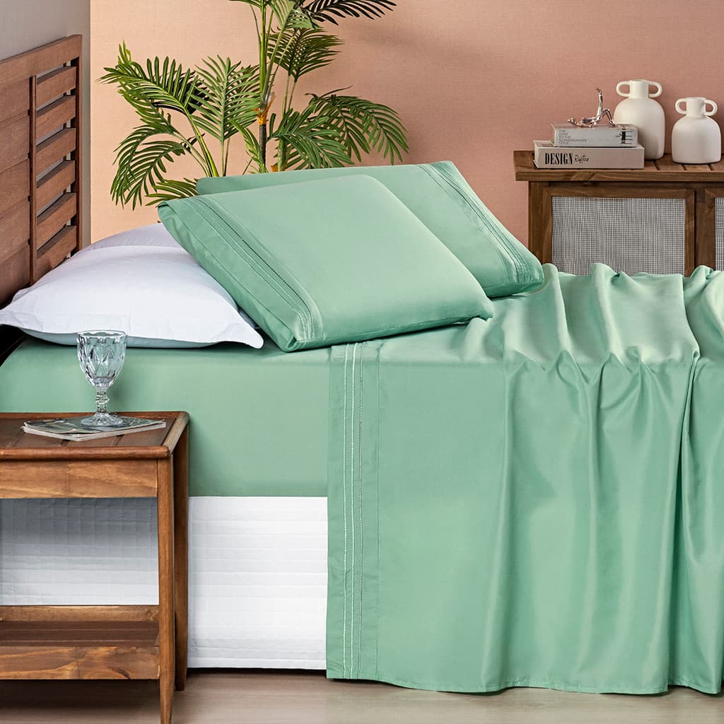 Jogo de Lençol Cama Casal Padrão 4 Peças Alegra 200 Fios  Lençol de Cima Detalhe Bordado