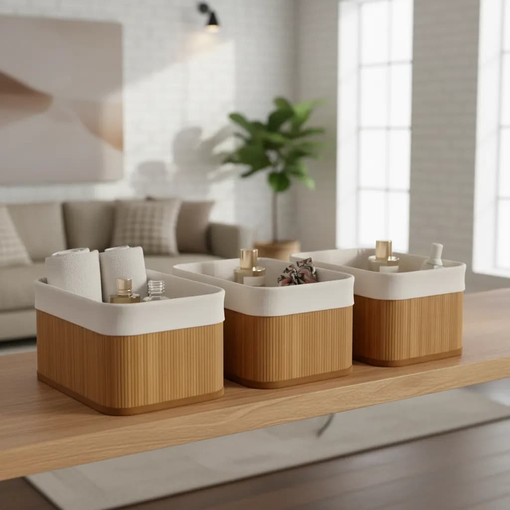Jogo 3 Cestos Organizadores Bambu Natural P M G Multiuso Quadrado Com Forro Removível Lavável Decoração Banheiro Quarto