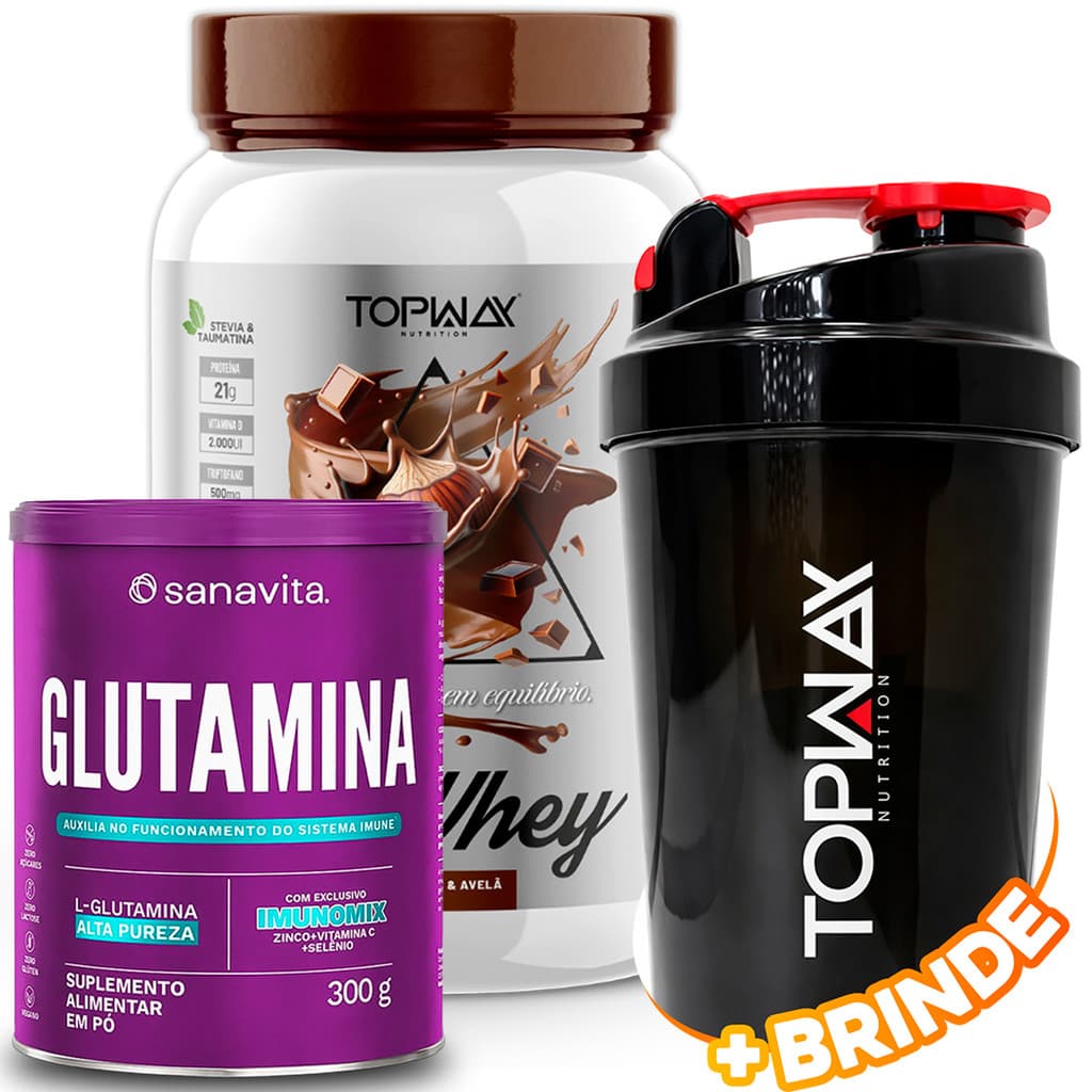 TopWay Whey Protein 900g Sabor Chocolate Com Avela + Sanavita Glutamina em Pó 300g + Coqueteleira