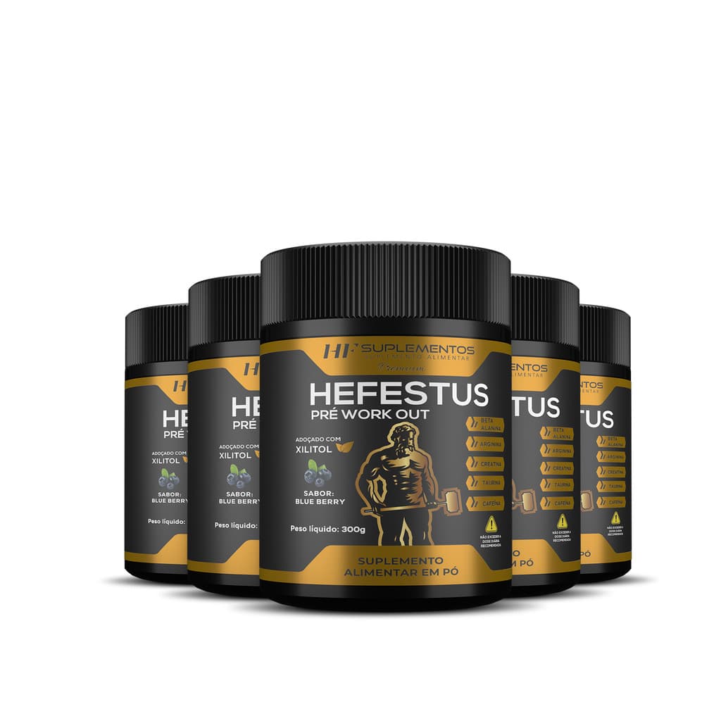 5x HEFESTUS PRE TREINO HF SUPLEMENTOS 300G SABOR BLUEBERRY