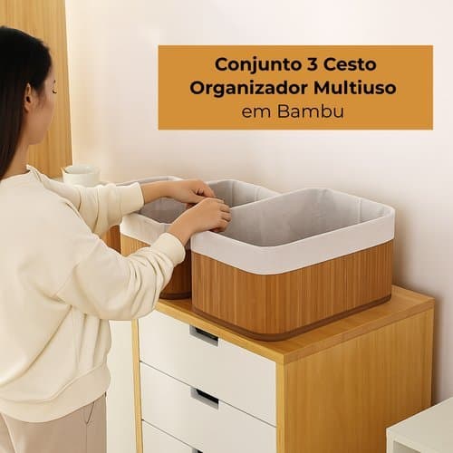 Conjunto 3 Cestos Organizadores Bambu Multiuso Organizador Casa Banheiro Cozinha