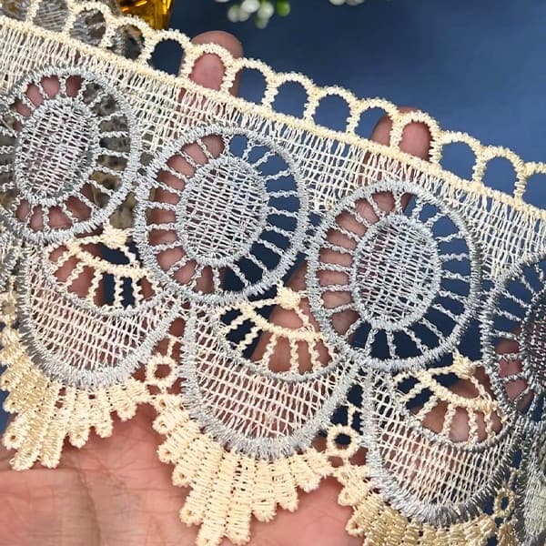Renda Fita Tecido Crochê Guipir Bico 10,3 cm Bege E Azul 100% Algodão Enxoval Cozinha Chic Patchwork