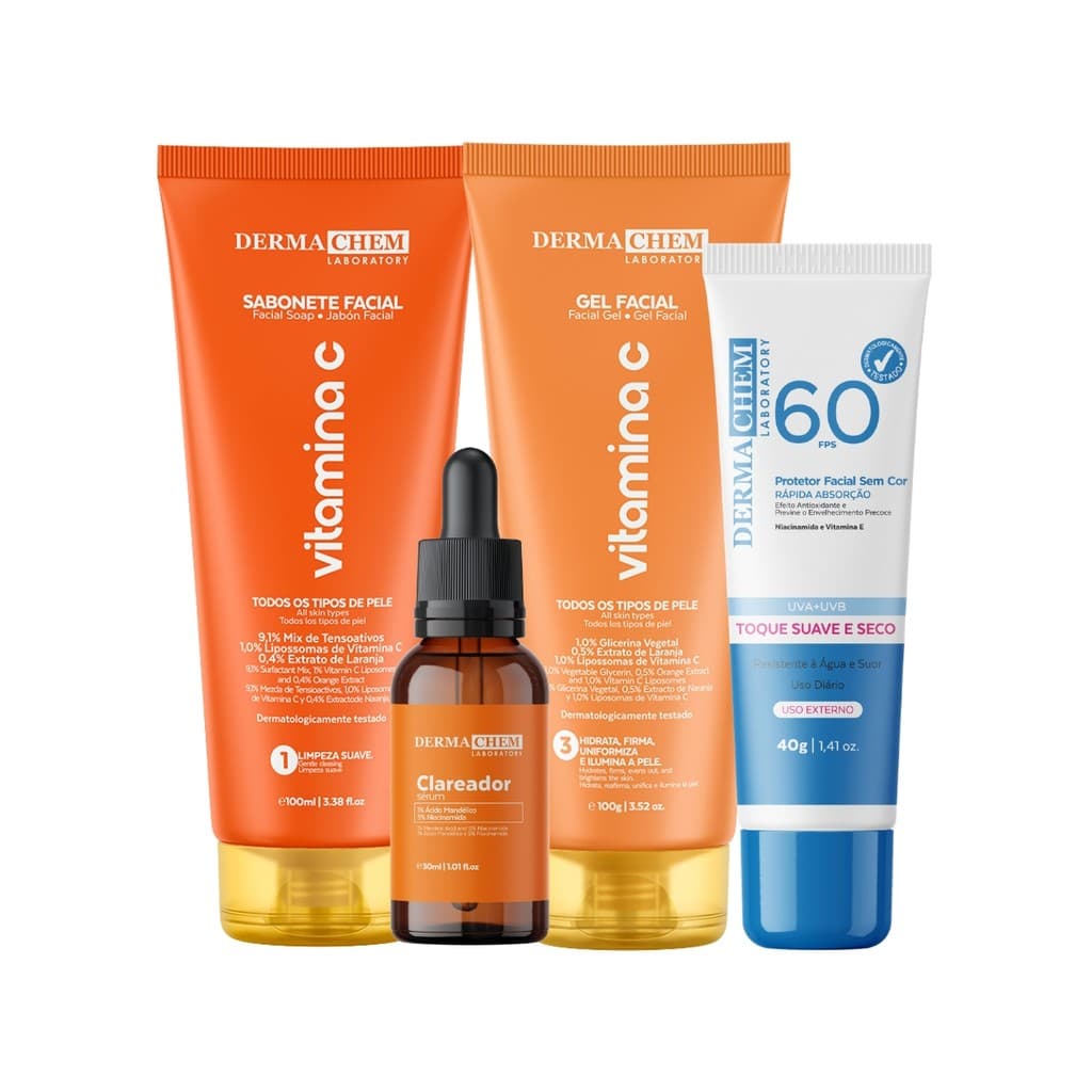 Kit Cuidados Com A Pele Anti Idade Vitamina C Protetor Solar Facial 4 Unidades - Dermachem Produtos