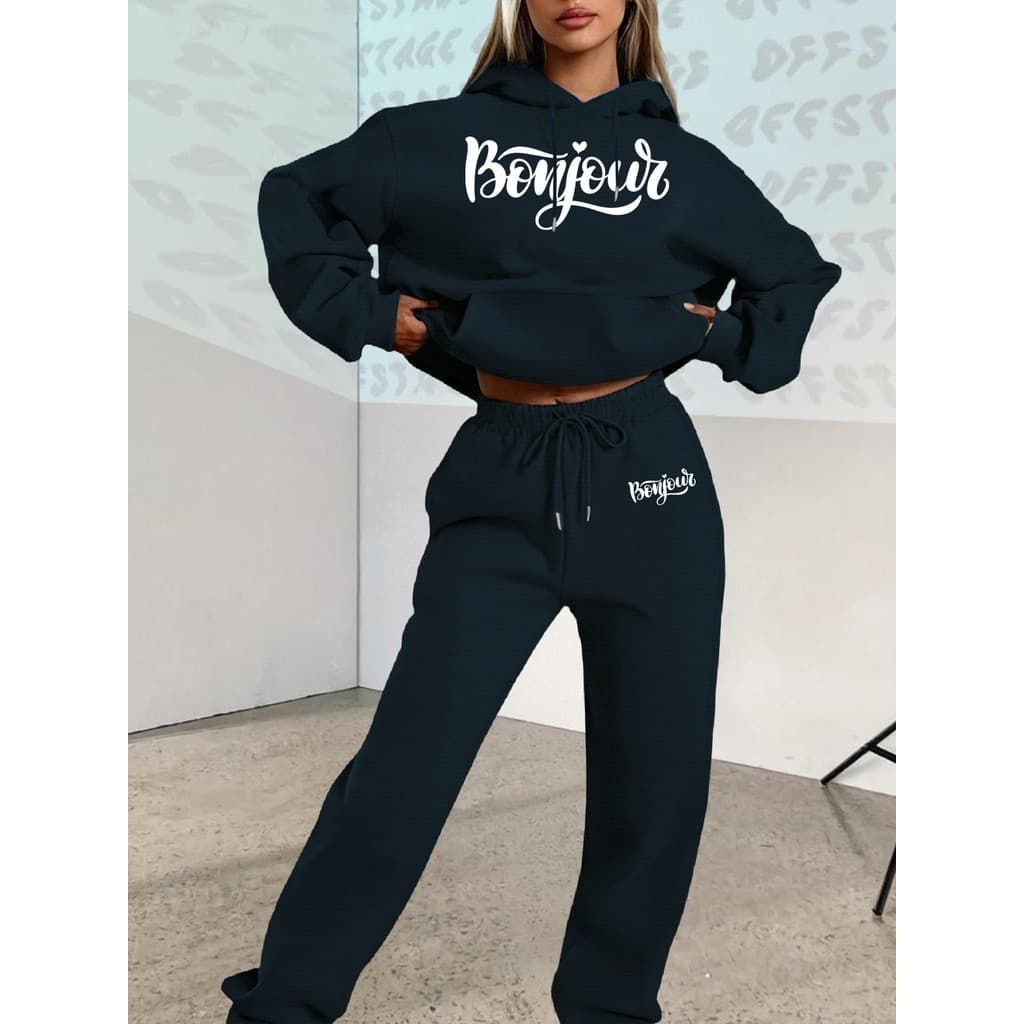 Conjunto de Moletom Unissex Estampa Bonjour - Blusão e Calça, Promoção envio rápido
