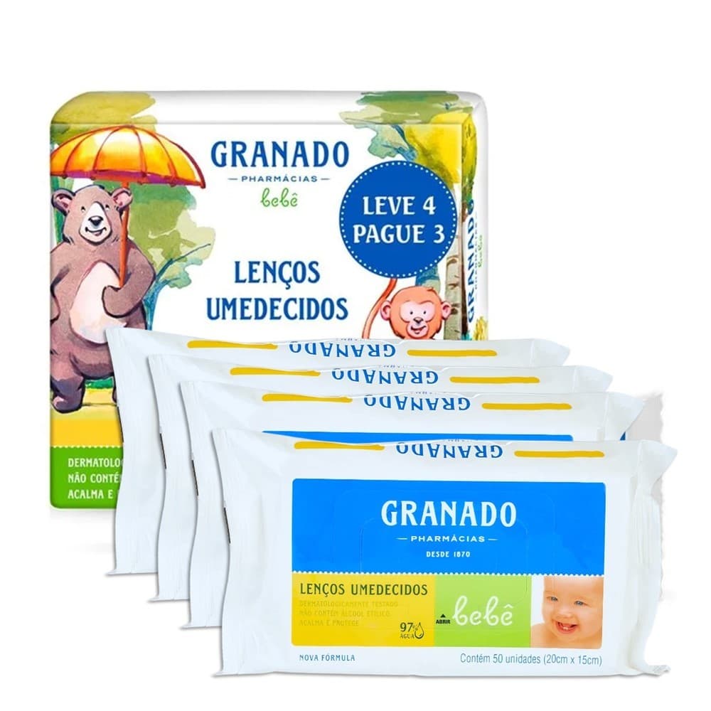 Kit 4 Pacotes Lenços Umedecidos Bebê Tradicional com 50 Unidades Granado