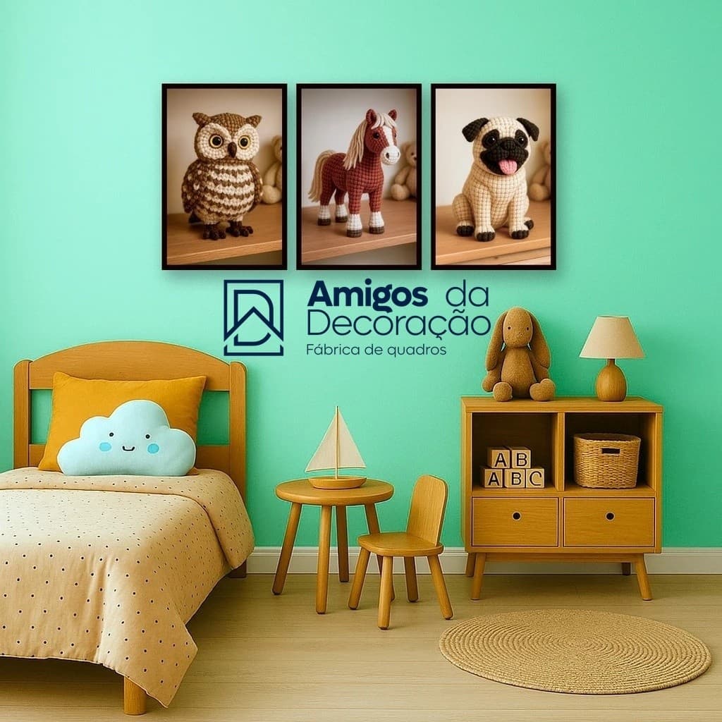 Kit 3 Peças Quadro Decorativo Infantil Animais Crochê Coruja Cavalo Cachorro Amigurumi Baby Quarto Bebê Criança Fofo