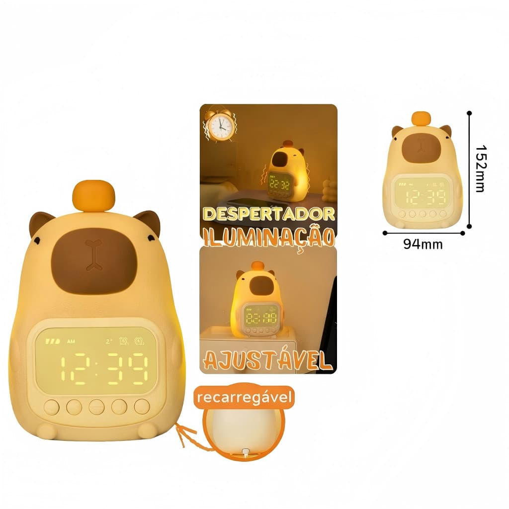 Luminária Noturna Capivara LED Dimmer com Despertador Recarregável USB Luz Suave para Criança Quarto