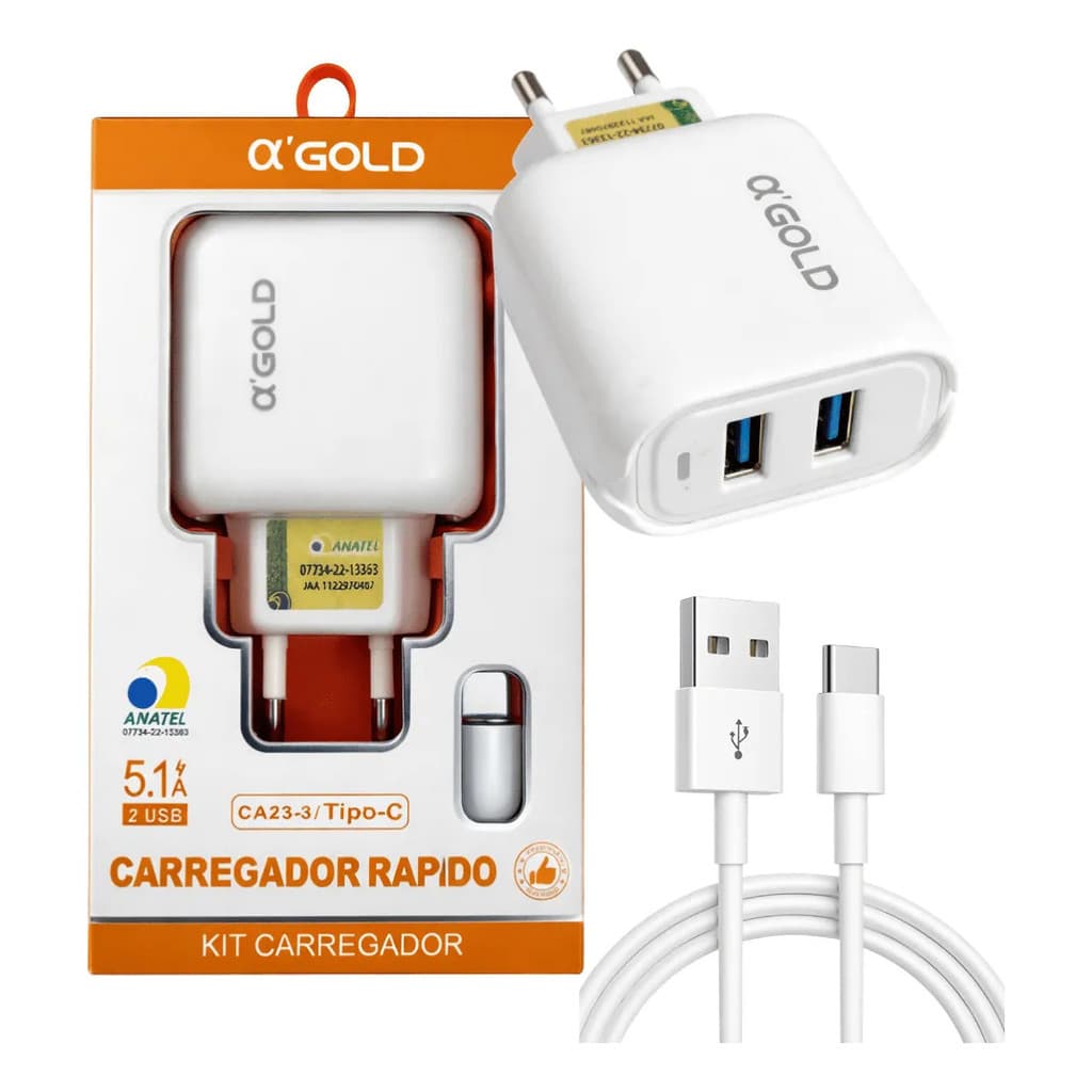 Carregador Rapido Usb Duplo Tipo C 5.1a Carregador