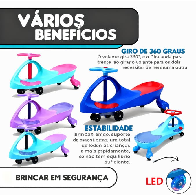 Carrinho de Rolimã Super Car com Led Suporta até 100kg Que Gira 360° Menino Menina Andador