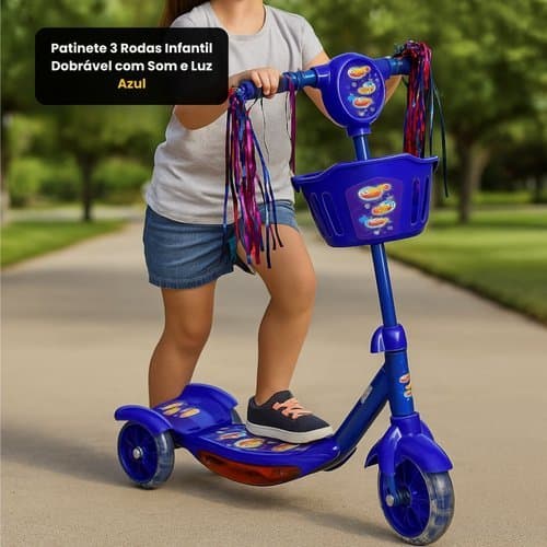 Patinete Infantil 3 Rodas Dobrável Luz Led Som Divertido Seguro Azul Crianças
