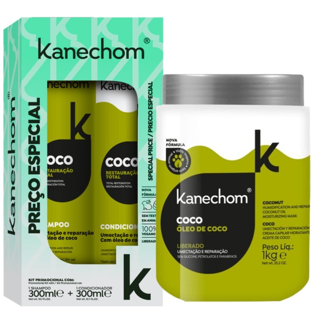 Shampoo e Condicionador Kanechom Coco Restauração Total + Máscara Hidratante