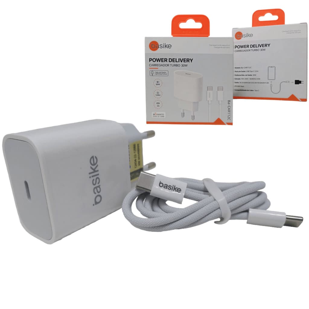 Carregador turbo basike 30w tipo-c + cabo rápido – compatível iphone 15, samsung, xiaomi